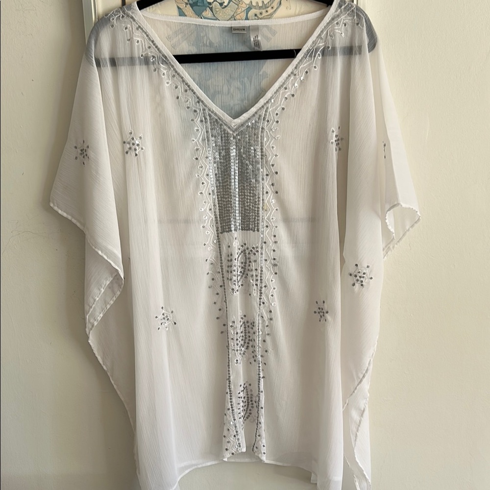 Chico’s white with shiny grey sequins sheer top
